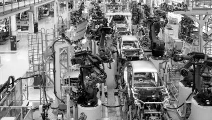 Automotive production line, black and white