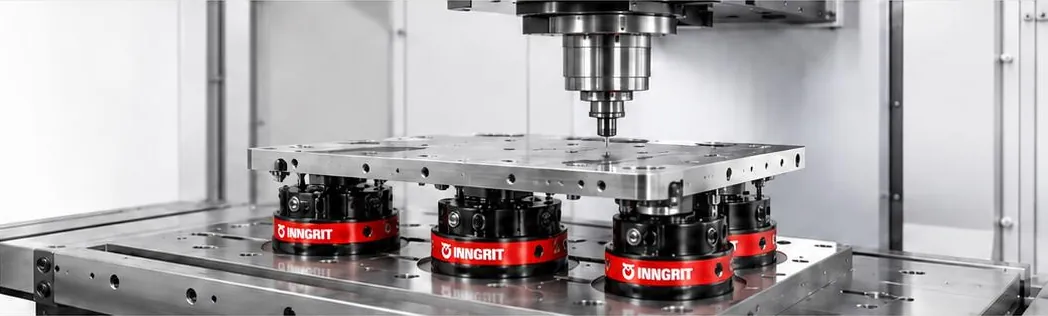 Black-and-white machining centre with red INNGRIT zero-point modules holding a fixture plate