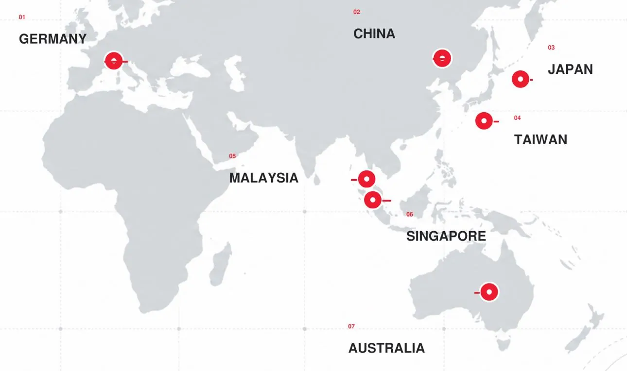 World map marking INNGRIT's regional presence in Germany, China, Japan, Taiwan, Malaysia, Singapore and Australia