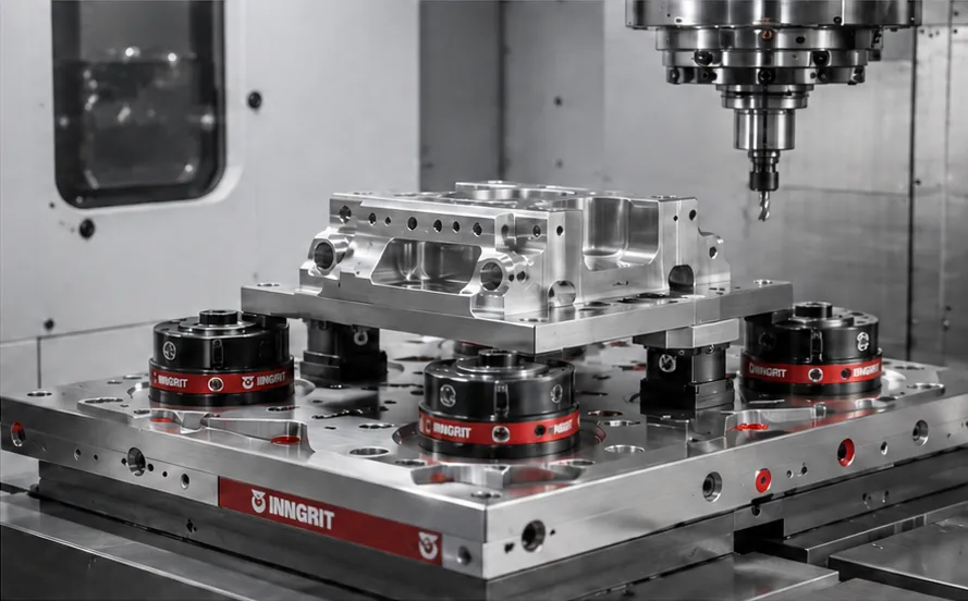 INNGRIT zero-point clamping modules holding a fixture plate inside a CNC machining centre