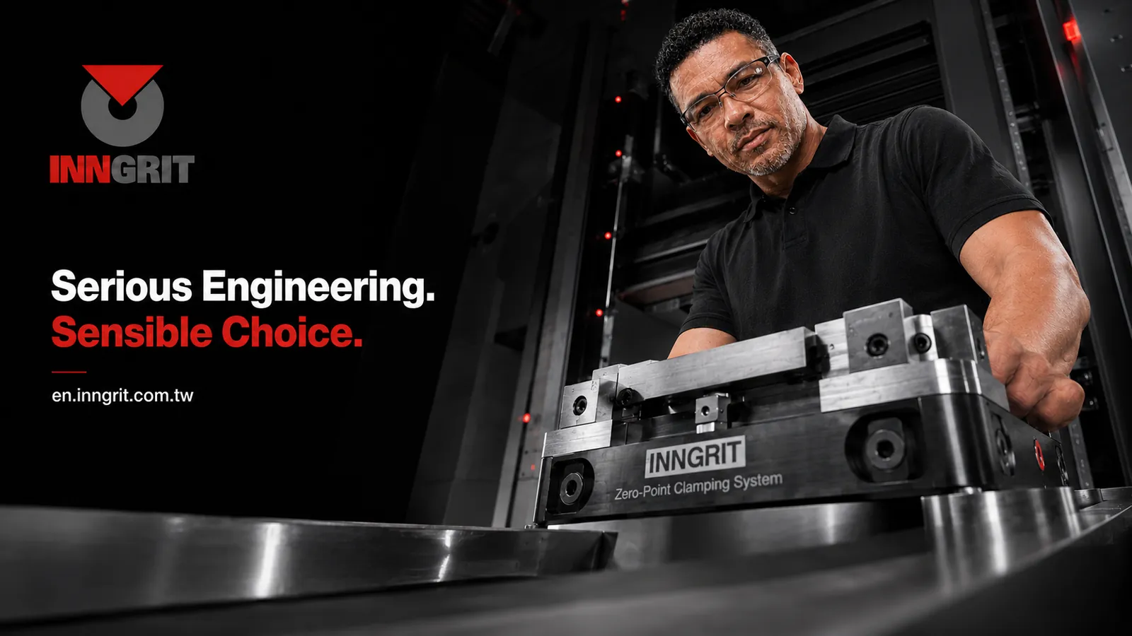 An operator working beside an INNGRIT zero-point system. The image carries the tagline Serious Engineering. Sensible Choice.